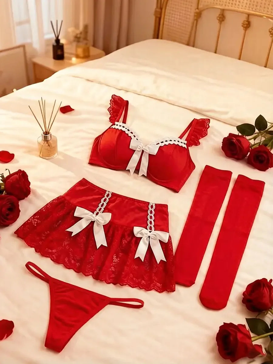 Satin Bow Lace Lingerie Set